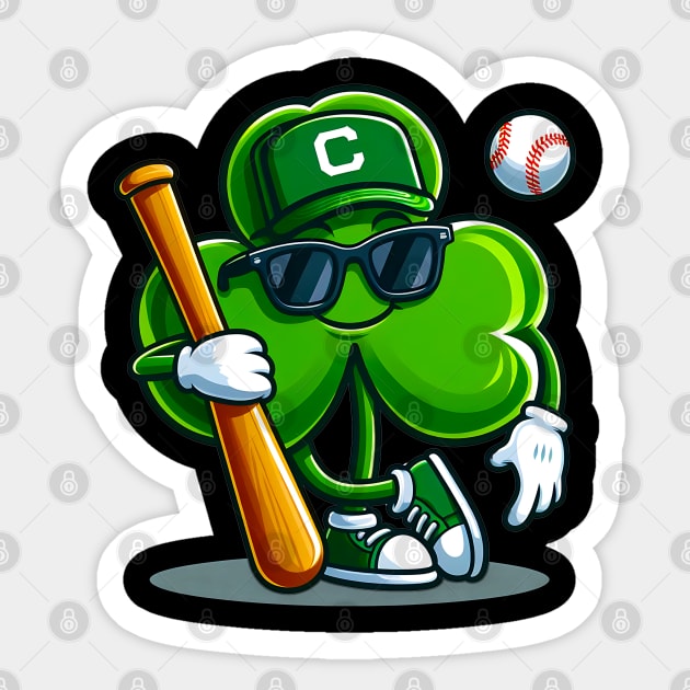 A funny and cute way to celebrate Irish culture and baseball on St. Patty’s day. This graphic shows a shamrock leaf character playing baseball with a smile Sticker by click2print